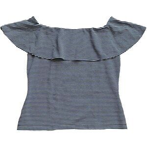 Ann Taylor Top Small Blue and White Off Shoulder Ruffle Nautical Stretch